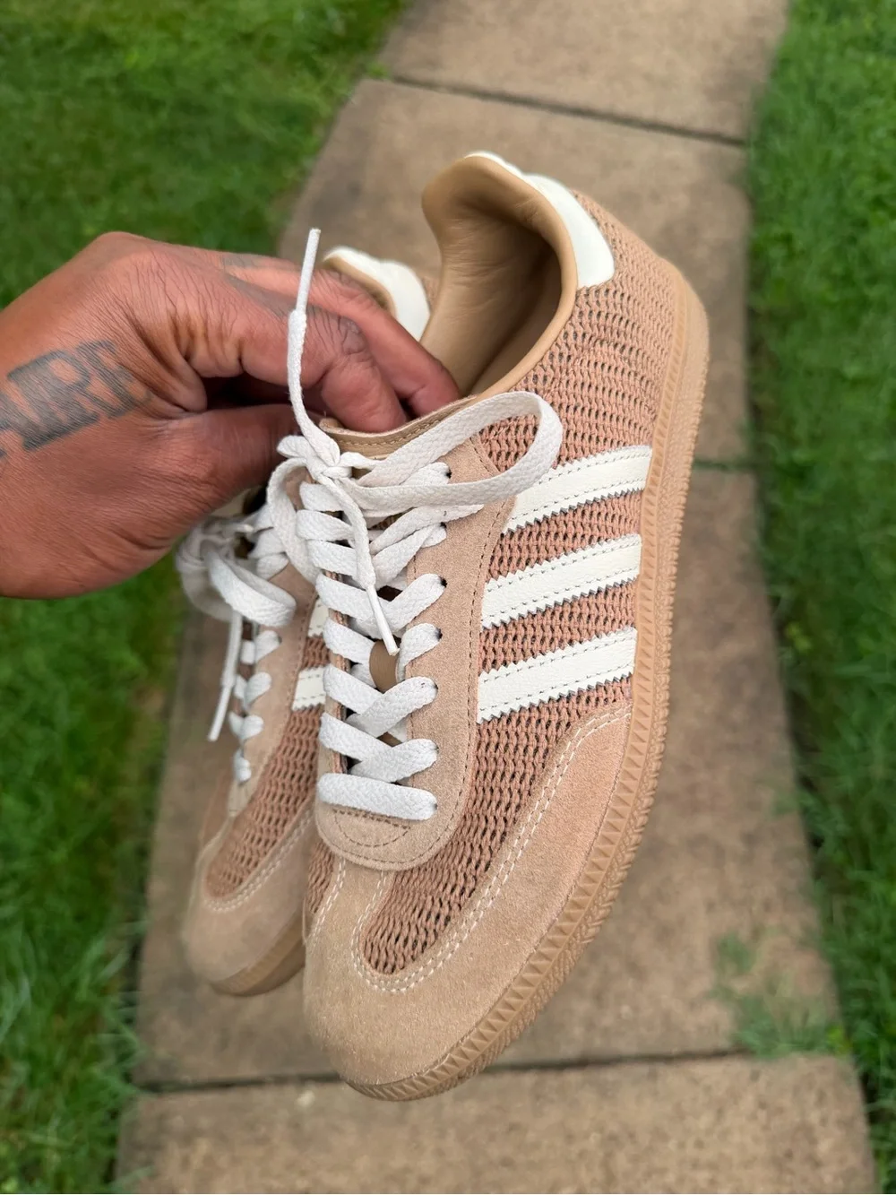 adidas Women’s Tan Suede & Knit Sneakers with White Stripes womens 8